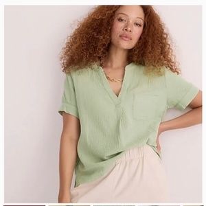 J. Crew Sage Green V Neck Gauze Popover Top  Front pocket  V-neckline